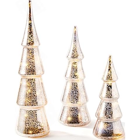 LampLust Mercury Glass Christmas Tree Decoration - Set of 3 Assorted Trees with Fairy Lights, 10 Inch Tall, Silver Finish, Batteries Included, Holiday Table Centerpiece or Mantle Decor Cover