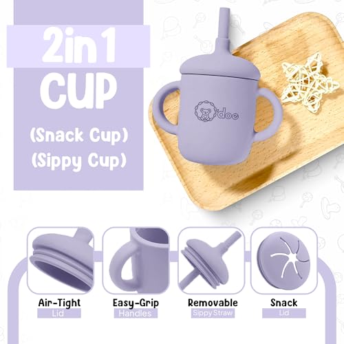 Image of O'doe 17 Pieces Baby LED Weaning Accessories for Toddlers, Baby Feeding Set | Suction Cup Silicone Baby Bowl, Self-Eating Utensils with Spoons, Cups, Bibs, Dinner Plate Set with | Purple, V2
