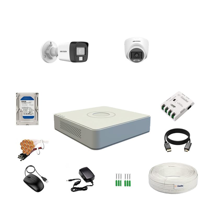 Image of HIKVISION 3K /5MP 4 Channel DVR, 3K (5MP) 1 Dome & 1 Bullet Cameras [COLOR NIGHT VISION + BUILT-IN AUDIO MIC + SMART DUAL LIGHT + MOTION DETECTION] + 500GB HDD + CLOCITE 4 CH SMPS + CCTV Cable + BNC /DC