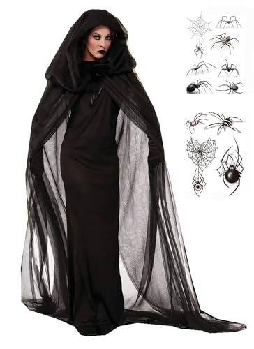 Velcoxplay Halloween Costume da strega da donna, abito lungo da vampiro, sposa fantasma nera, costume da regina malvagia con mantello, costume da carnevale, per adulti, nero, taglia L