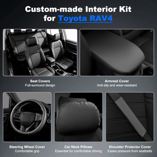 Image of AOMSAZTO Seat Covers for Toyota RAV4 2019-2025 Hybrid & Prime SE /XSE | Custom Fit 5-Piece Set Includes Neck Pillows,Armrest Cover,Steering Wheel Cover and Seat Belt Covers-Faux Leather Black