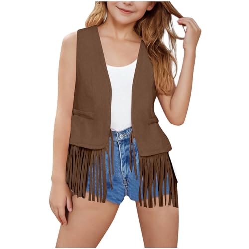 wodceeke Fringe Vest for Boys Girls Kids Western Cowgirl Suede Tassels Vest Jacket 70s Hippie Sleeveless Cardigan Waistcoat