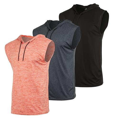 Real Essentials 3 Pack: Mens Dry-Fit Active Hooded Tank Top - Workout Sleeveless Hoodie Drawstring (Available in Big & Tall)