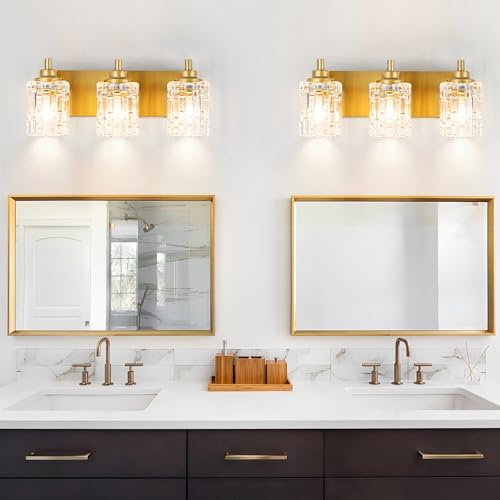 Image of Brushed Gold 3-Light Bathroom Vanity Light with Glass Shade | Luxury Brushed Gold Finish & Sparkling Crystal Glass. Hardwired, Fits E26 Bulbs (Max 60W). Easy to install