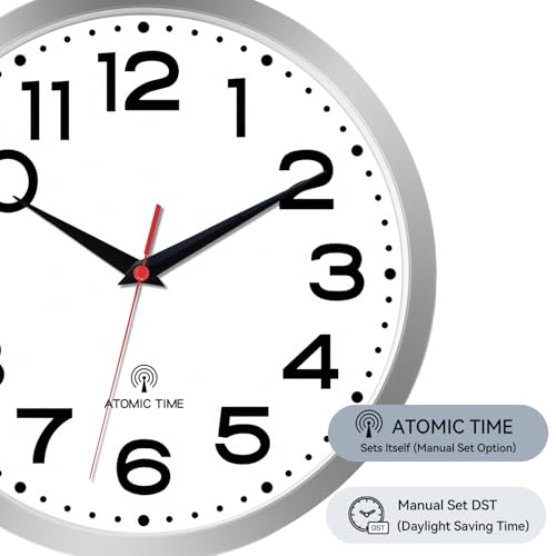 Image of Roymnie 14 Inch Atomic Wall Clock, Battery Operated Silent Non Ticking | Silver analog wall clock; bold numerals for easy reading; silent non-ticking; 1 AA battery (not included); for classroom