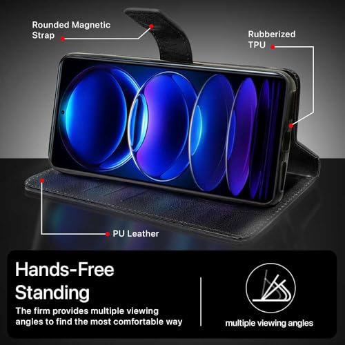 Image of WOW IMAGINE Shock Proof Hand Stitched Royal Flip Cover Case for Xiaomi Redmi Note 12 Pro 5G (Flexible | Leather Finish | Wallet Case Card Holders & Stand | Tanned Black)