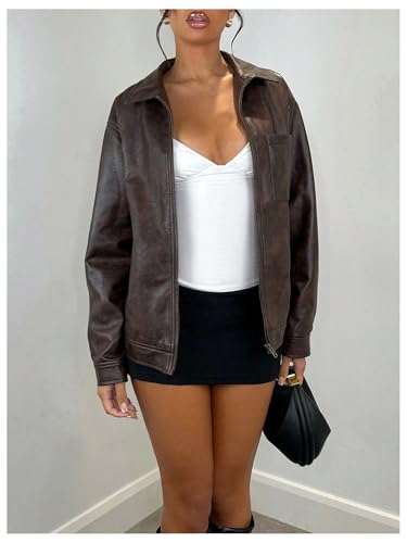 WDIRARA Women's Zip Up PU Leather Jacket Long Sleeve Motorcycle Jacket Outerwear3