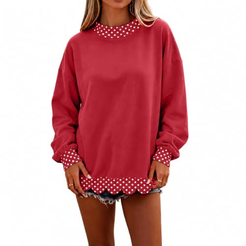 Womens Mock Neck Sweatshirt Patchwork Scalloped Edge Polka Dot Pullover - image 1