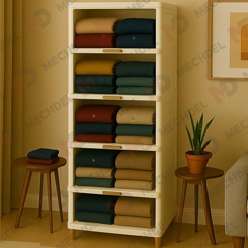 Image of mechdel Cupboard Rack for Clothes Plastic Cabinet for Storages Foldable Wardrobe for Clothes Plastic Cloth Rack for Storages Clothe Storage (Cupboard Rack-1 Door - White, 6+6 (Set))