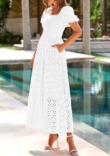 Image of PRETTYGARDEN Summer Dresses for Women 2026 Eyelet Square Neck Puff Sleeve Smocked Wedding Guest Maxi Dress with Pockets