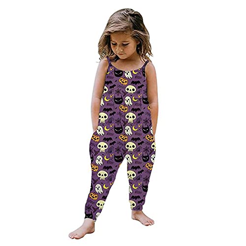Lovor Baby Girl Jumpsuits Strap Romper Jumpsuit Cartoon Outfits Halloween Pumpkin Toddler Harem Pants with Pockets Jumpsuit (B Purple,1-2T)