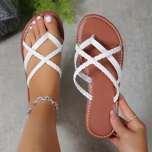 Women's Braided Strappy Flat Sandals Comfort Breathable light Toe Ring Slip On Slippers Summer Casual Vacation Beach Flip Flops Sandals3