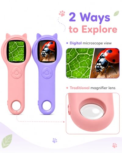 Image of Pink and Purple Microscope for Kids-200X Portable Digital Mini Microscope- Your Little Scientist Miniscope - STEM Toy for Age 5 6 7 8 9 10 11 12 Years Old Toddlers.