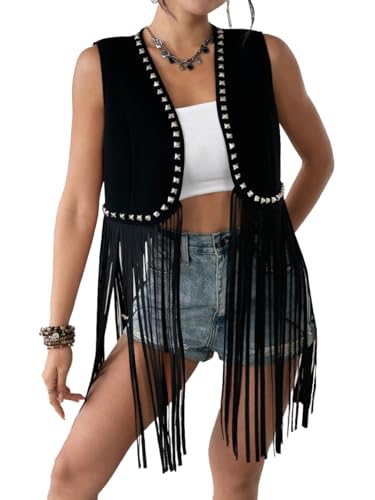 HYTENSUN Women's Fringe Vest 60s 70s Hippie Vest Sleeveless Cowgirl Western Faux Suede Tassel Leather Jacket Hippie Party
