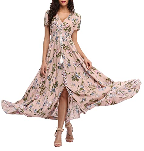 Teemie Damen Kleid Kurzarm Maxikleid Sommerkleid Boho Lang Kleider V Ausschnitt Strandkleid Sommer Casual Hübsche Blumenkleid Beachkleid Flowy Split...