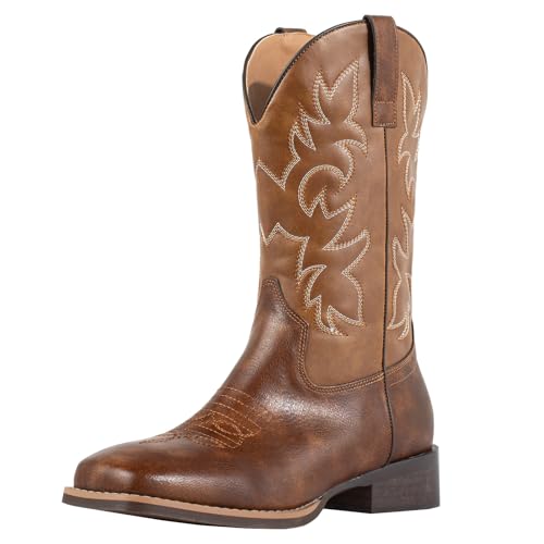 J's.o.l.e Western Mens Cowboy Boots Square Toe Wide Calf Pull On Slip Resistant Country Work Riding PU Leather Boot Brown