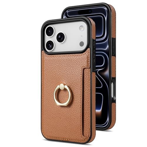 LUNBER-ARMOR・For iPhone17 Pro Max ケース 耐衝撃 背面PUレザーケース カード収納 一体型スマホリング付き スタンド機能 シンプル(ブラウン)