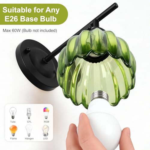 Image of Vintage Wall Sconces Set of 2 with Green Tulip Glass Lampshade, Hardwired and Wireless Wall Mounted Light Fixtures (2 Usage Methods), Black Lamp with Switch for Bedside Bedroom Living Room Wall Decor