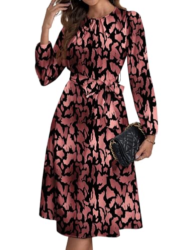 SweatyRocks Kleider Damen Elegant Leopard Muster Kleid Langarm Midikleid A Linie Freizeitkleid Damenkleid mit Schleife Herbstkleid Rosa M