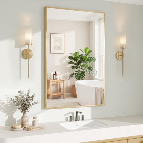 Image of Koonmi Gold Rectangle Wall Mirror, 20x30 Inch Bathroom Mirror, Aluminum Frame Vanity Mirror for Entryway, Living Room, Bedroom Bathroom, Hangs Horizontally or Vertically