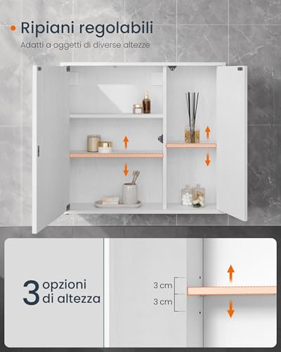 Songmics Home Mobiletto Da Bagno Con Specchio, Montaggio Rapido Senza Attrezzi Toolless, Specchio Con Vano Contenitore, Ripiani Regolabili E Ante, Moderno, 15 X 60 X 55 Cm, Bianco Neve BBC114WE01 - 6