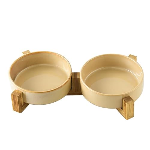 早食い防止 食器 ペット ボウル 台 フードボウルスタンド犬 猫食器 陶器 犬猫用 餌入 木製 ペット皿 滑り止め 安定感 取り外し可能 (中サイズ15.8*5cm,ストレート・スパウト・ボウル・キルンフォームド・ブラウン+ダブル・アカシア・ウッド・スタン