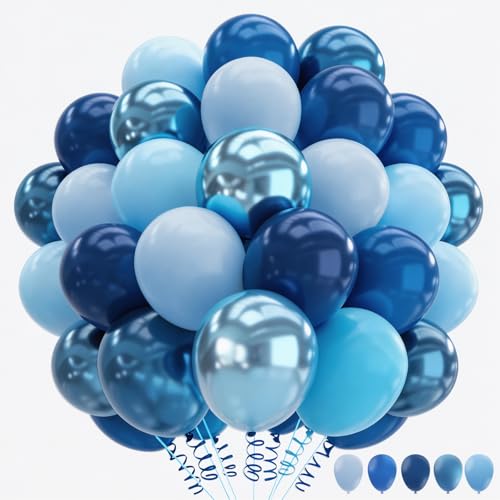 Image of 160Pcs 12 Inch Metallic Blue Balloons Chrome Navy Pearl Pastel Macaron Light Blue Latex Balloons for Birthday Wedding Baby Shower Graduation Party Decorations