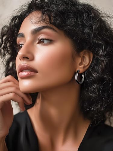 Image of Stainless Steel Chunky Hoop Earrings For Women, Minimalist and Chic, Black /Gold Plated, Round Hoops Earrings Hypoallergenic, Size: 30mm /40mm /60mm /80mm, Come with Box