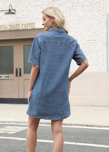 Women Denim Dress Summer Deep V Neck Short Sleeve Casual Loose Collared Shift Mini Jean Dress with Pockets4