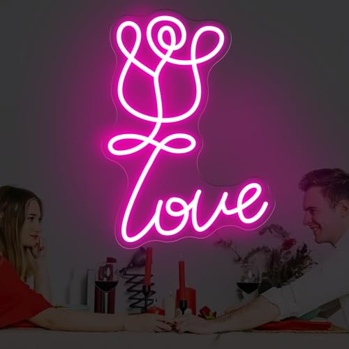 Image of Love Neon Sign, Rose Flower LED Light，For Lovers Gift Photography Background Light Engagement Party Gift Nightlight Love and Rose, Wedding Decoration, 15.7 inchx11.4 inch