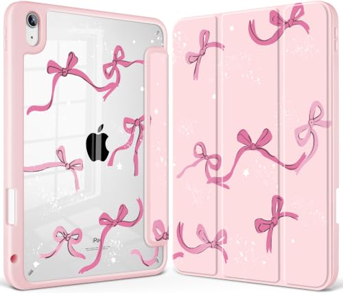 Tuiklol Case for iPad 11 inch (A16 Chip) 2025 11th Generation/iPad 10.9 inch 2022 10th Gen, Buit in Pencil Holder with Shockproof Cover Clear Transparent Back Shell Auto Wake/Sleep, Bow-Pink