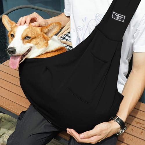 Hundetragetasche mit Verstellbarem Schultergurt, Faltbare Tragbare Haustiertasche mit Freiliegendem Kopf zum Spazierengehen mit Kleinen und Mittelgroßen Katzen und Hunden (Schwarz)