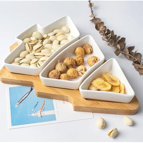 ROSE CREATE 10.8 Inch White Snack Appetizer Trays Set, Small Christmas Tree Dessert Serving Dishes, Snack Platter, 3 pcs Removable White Porcelain Plates with Bamboo Tree Tray Cover