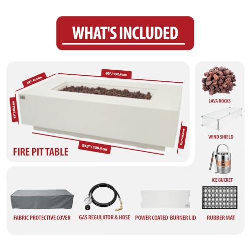 Image of AMS Creations | Madison 60 inch Bundle Rectangular Natural Gas Outdoor Fire Pit Table | Cream White Concrete GFRC | Smooth Texture or Surface | Electronic Ignition | Outside Backyard Fireplace