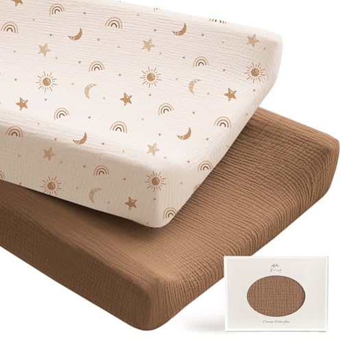 Image of Konssy 2 Pack Muslin Changing Pad Covers for Boys, Ultra Soft & Breathable Cotton Baby Diaper Changing Table Covers, Neutral Nursery Diaper Changing Pad Sheets (Sunbeam Yellow,Coffice)