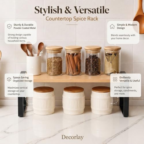 Image of Decorlay Metal & Wooden Spice Rack Organizer Space Saver Counter-top Storage for Kitchen, Bathroom, Office, and Cosmetics (Black + Beech, Single - Tier)