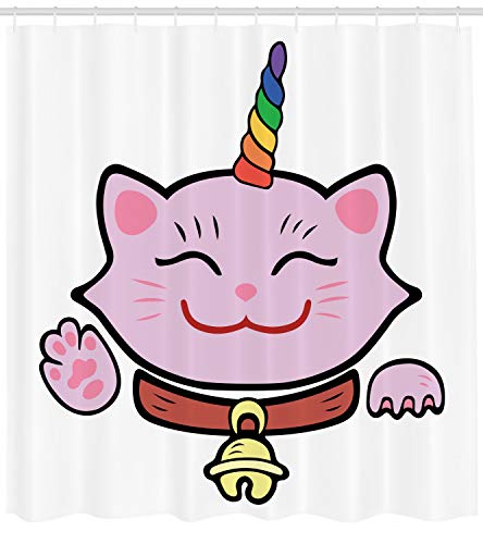 ABAKUHAUS Unicorn Cat Shower Curtain, Pink Maneki Neko of Happiness Luck Success Love Culture Cartoon - Image 2