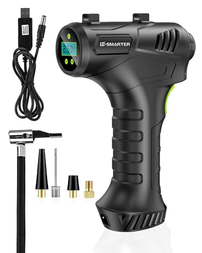 E-SMARTER Cordless Tyre Inflator Air Compressor, 12V USB Rechargeable, 150PSI Max, Car & Motorcycle Tyre Pump with Memory Function & Auto Shut Off, Includes 3 Nozzles & Storage Bag