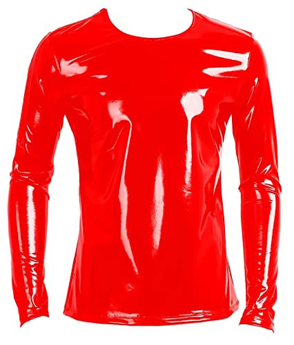 Image of AIEOE Men's Leather Metallic Shirts Shiny Slim Fit Stretch Top Wetlook Club Party Undershirts