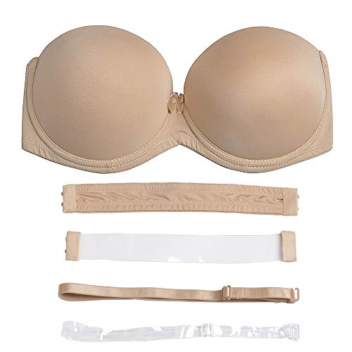 Ybcg Women's Strapless Push Up Padded Convertible Multiway Underwire Bra With Clear Strap For Dance Wedding Party Beige 40A #TOP1