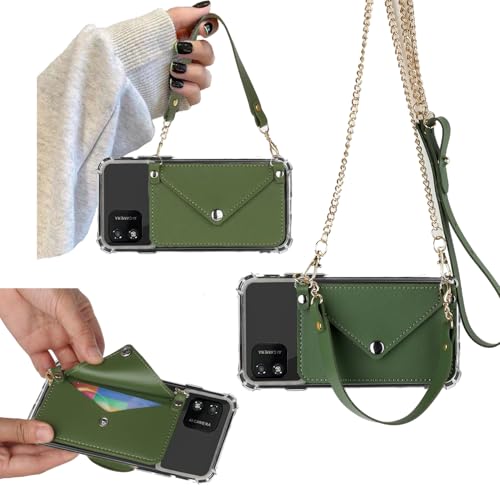 Tuxiwei for Foxx FOXXD A55 Case, Foxx A55 Phone Case Wallet Back with Card Holder, Corner Drop Protective Case, Crossbody Purse Detachable Gold Chain Hands Free | Faux Learher Wrist Strap -Green