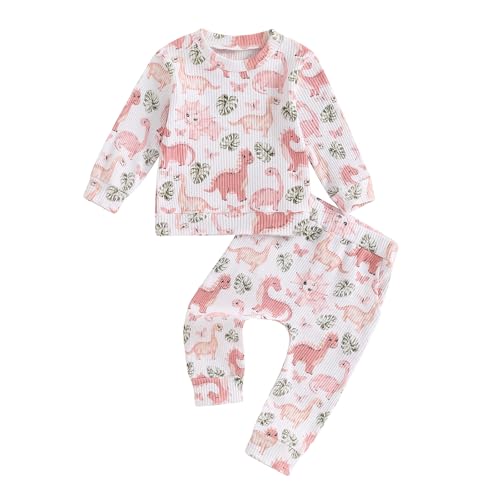 GINEVSAL Toddler Baby Girl Fall Winter Clothes Dinosaur/Butterfly/Chicken Print Long Sleeve Crewneck Sweatshirt Pants Set (Pink Dinosaur, 6-12 Months)