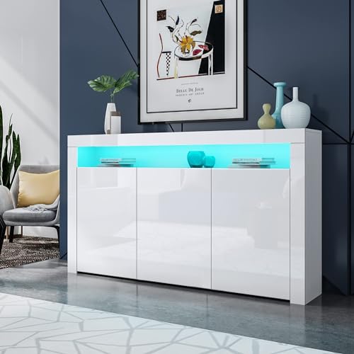 Sideboard Hochglanz 3 Türen Sideboard Schrank Aufbewahrungsschrank mit LED-Leuchten Moderne Wohnzimmer Schlafzimmer Möbel (Weiß)