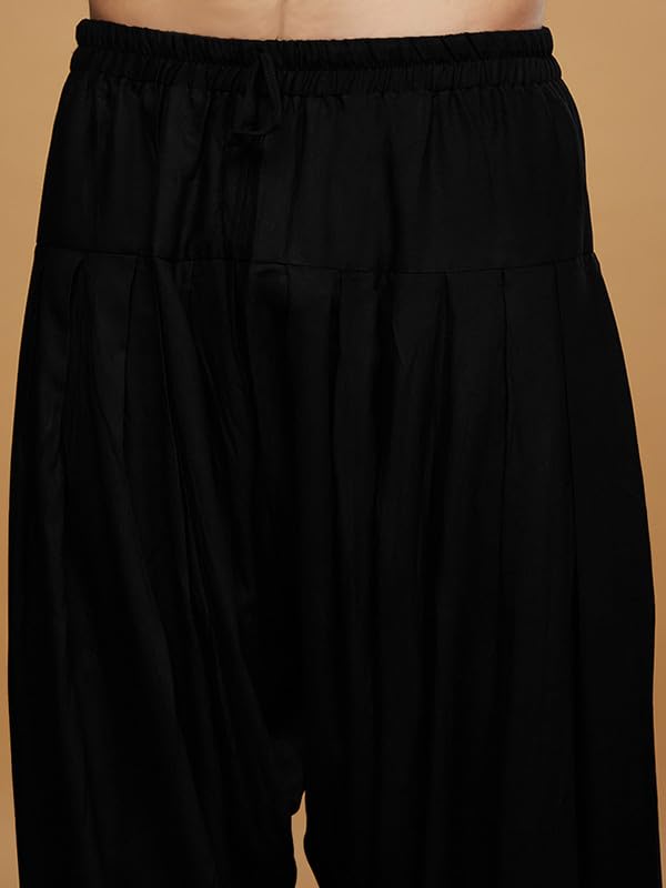 Image of KISAH Men's Kurta Patiala Set with Dupatta, Black Cotton Blend, Printed Regular Fit Mandarin Collar Long Sleeves