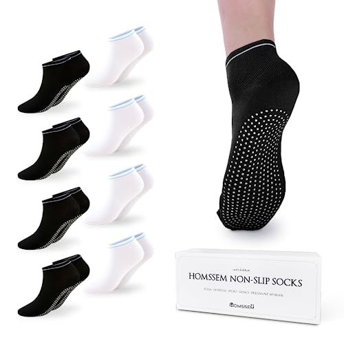 HOMSSEM Grip Socks – 8-Pairs Unisex Non-Slip Socks for Yoga, Pilates, Hospital (Black 8p)