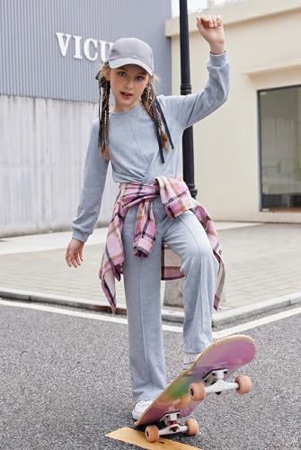 Image of Arshiner Girls 2 Piece Outfits Twist Front Sweatshirt Wide Leg Sweatpants | Girls Sweatsuit, Fall Clothes, Long Sleeve Casual Pullover, Long Pant Sets, Comfy Cute Clothing, Tracksuit with Pockets