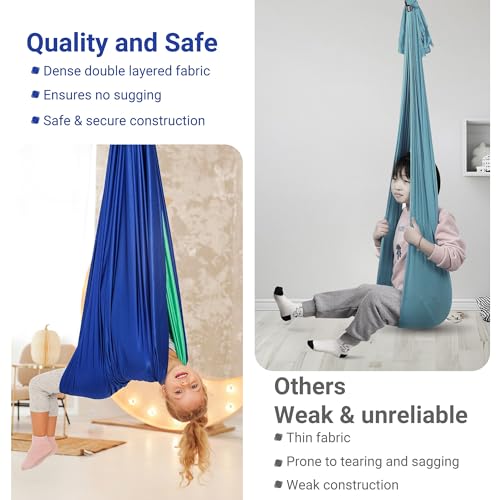 Flexifun Sensory Swing for Kids Navy/Green | Indoor Swing for Kids Made with Soft & Durable Polyester | Includes Carabiner & Screws for Easy Installation | Suitable for Sensory Activities - Image 4