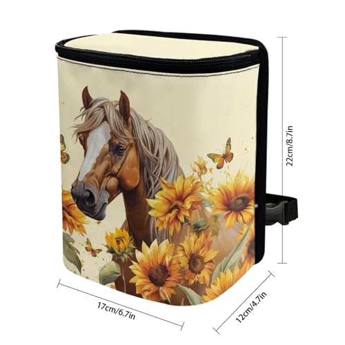 Image of Hanging Sunflower Horse Car Trash Bag Zip Leak Proof Vehicle Garbage Bin with Lid Mini Portable Vehicle Waste Storage Bag for Automotive Front Back Seat Headrest