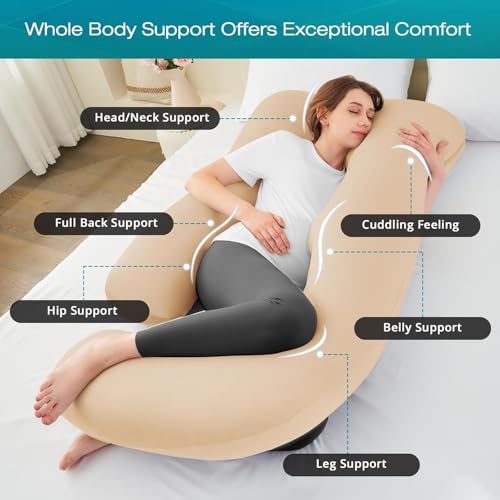 Image of Cooling Pregnancy Pillows for Sleeping, 65'' Full Body Pillow, Beige | Sasttie Maternity Pillow, OEKO-TEX, Down Alternative, Removable Cover, Pregnant Women Must Haves, Maternity Essential
