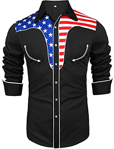 Daupanzees Men's Long Sleeve Embroidered Shirt Dress Shirt Slim Fit Casual Retro Western American Flag Button Down Shirts(Black L) #TOP20